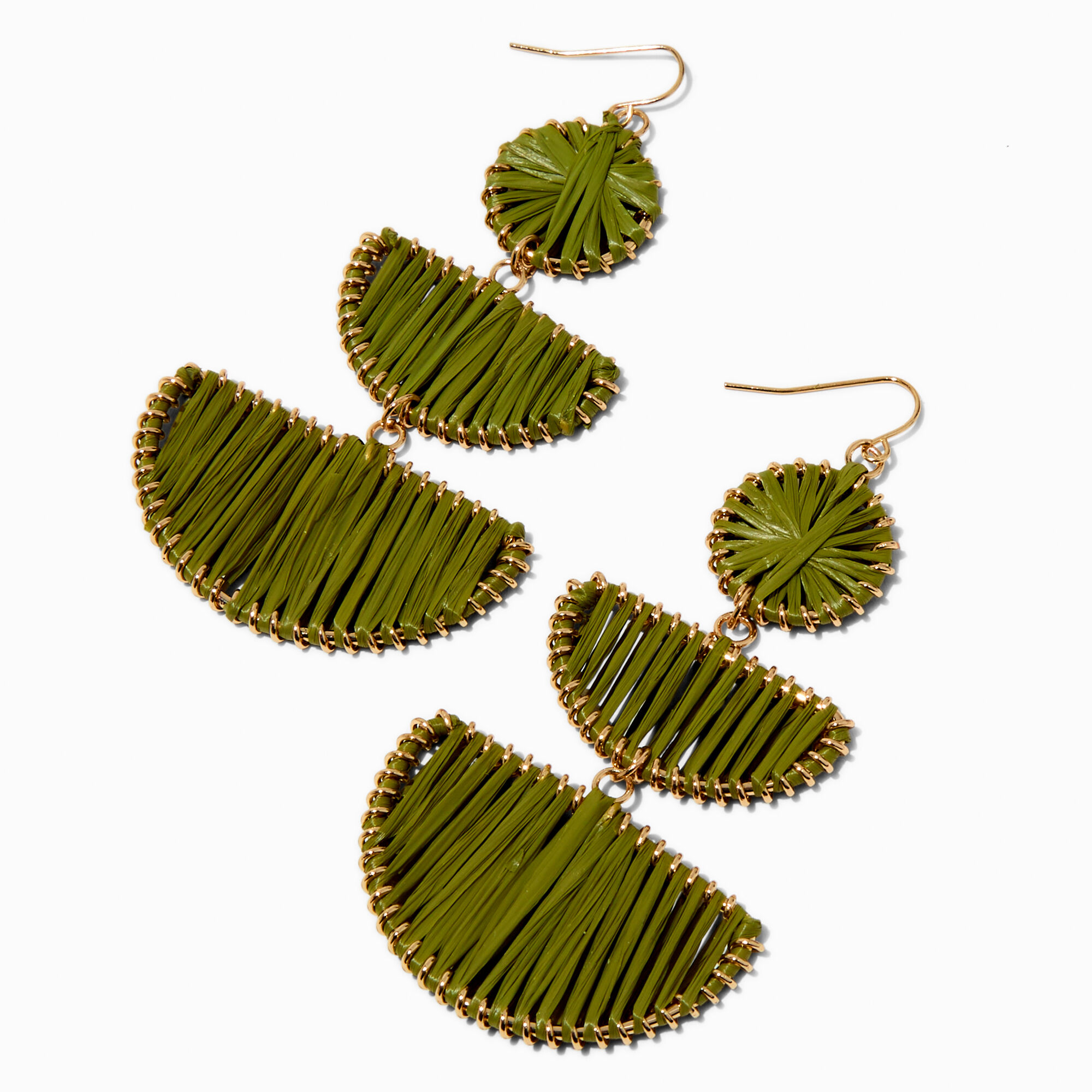 View Claires Olive Half Moon Raffia 3 Drop Earrings Green information
