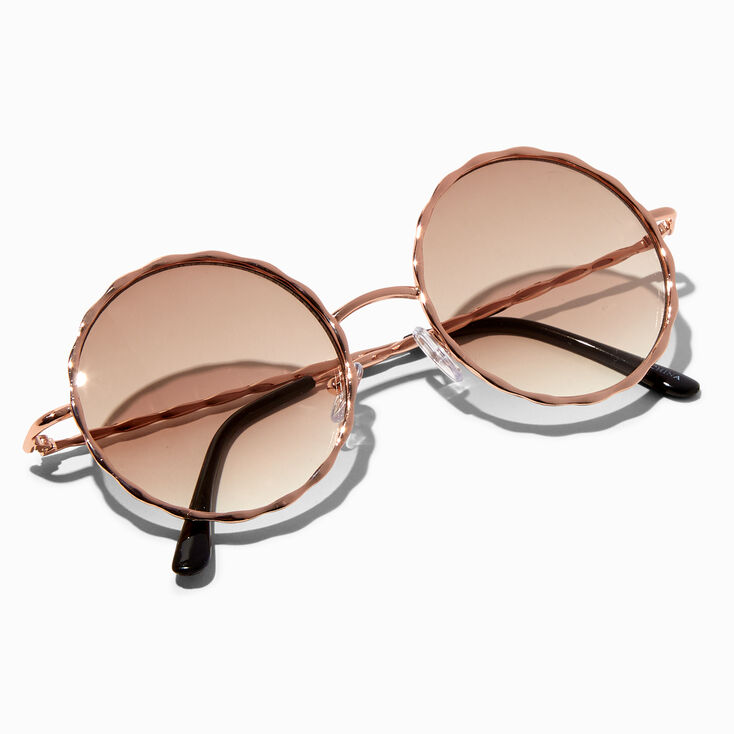 Rose Gold Beveled Edge Round Sunglasses,