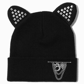 Studded Cat Ears Black Knit Beanie Hat,