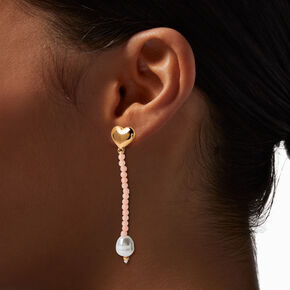Gold-tone Heart Pink Beaded Pearl 2&quot; Drop Earrings ,