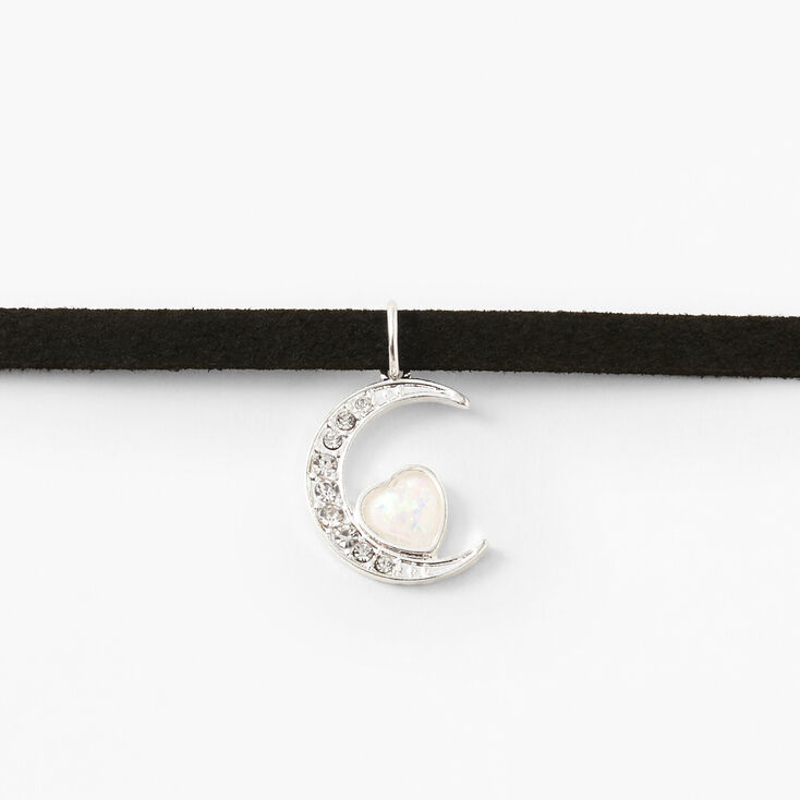 Silver Opal Crescent Moon Cord Choker Necklace - Black,