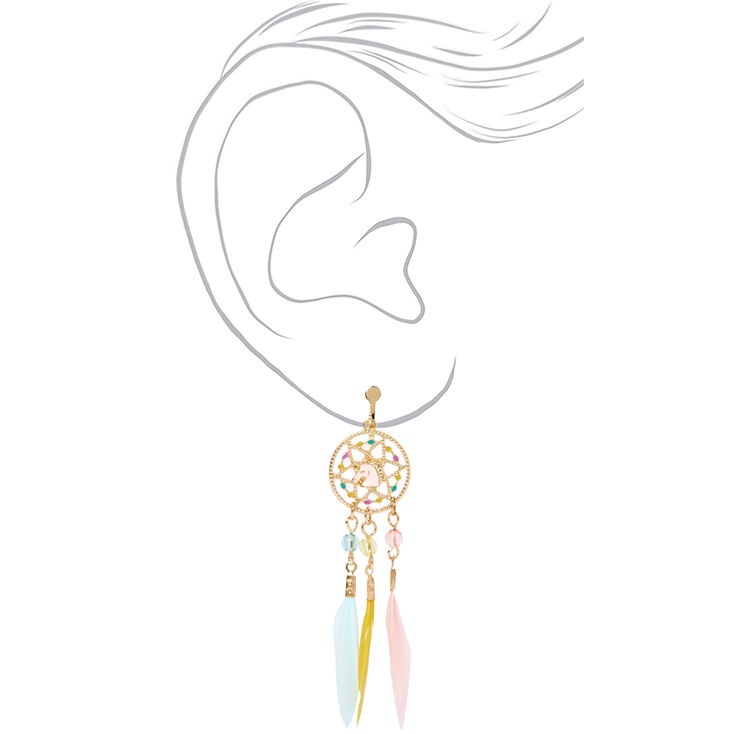 Gold 2.5&quot; Pastel Unicorn Dreamcatcher Clip On Drop Earrings,