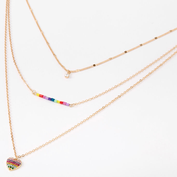 Gold Rainbow Beaded Heart Multi Strand Choker Necklace,