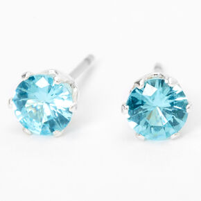 Silver Cubic Zirconia Round Stud Earrings - Turquoise, 5MM,