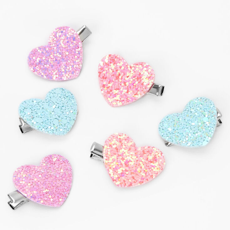 Claire's Club Pastel Heart Glitter Hair Clips - 6 Pack | Claire's