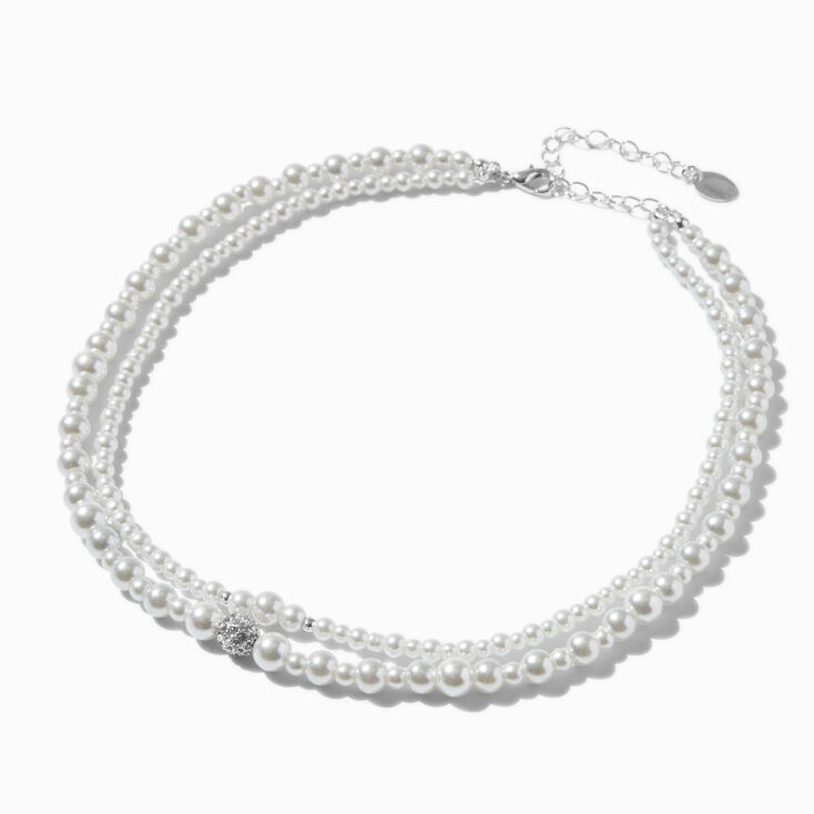 Silver-tone Pearl &amp; Crystal Balls Multi-Strand Necklace,