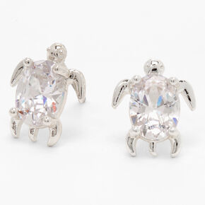 Silver Cubic Zirconia Turtle Stud Earrings - 8MM,