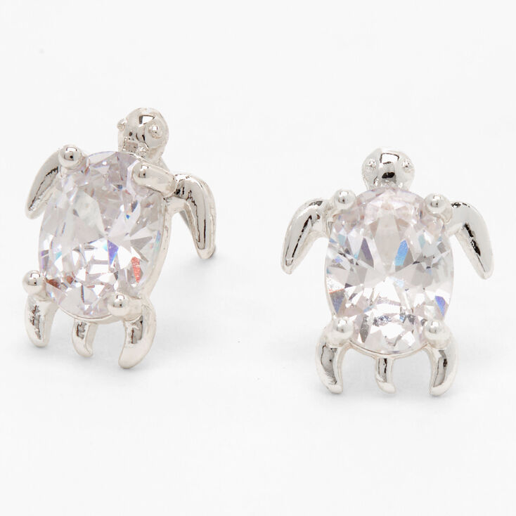 Silver-tone Cubic Zirconia Turtle 8mm Stud Earrings,