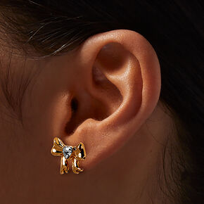 Gold-tone Crystal Heart Bow Stud Earrings,