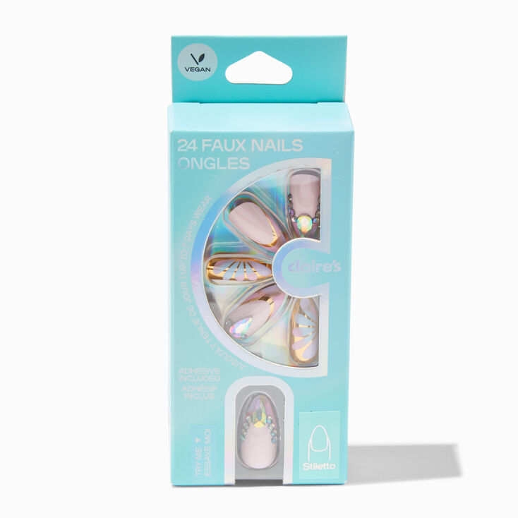 Multi Daisy Gold Chrome Bling Stiletto French Tip Vegan Faux Nail Set - 24 Pack,