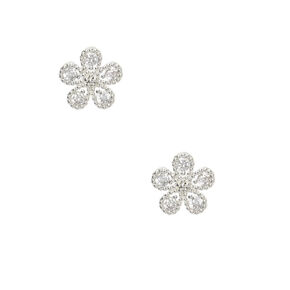Silver-tone Cubic Zirconia Mini Flower Stud Earrings,