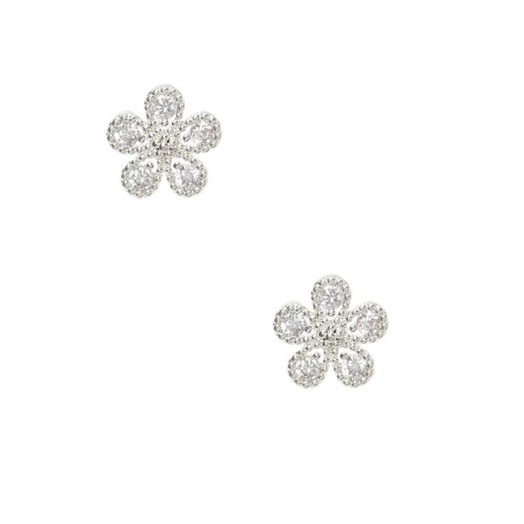Silver Cubic Zirconia Flower Stud Earrings,