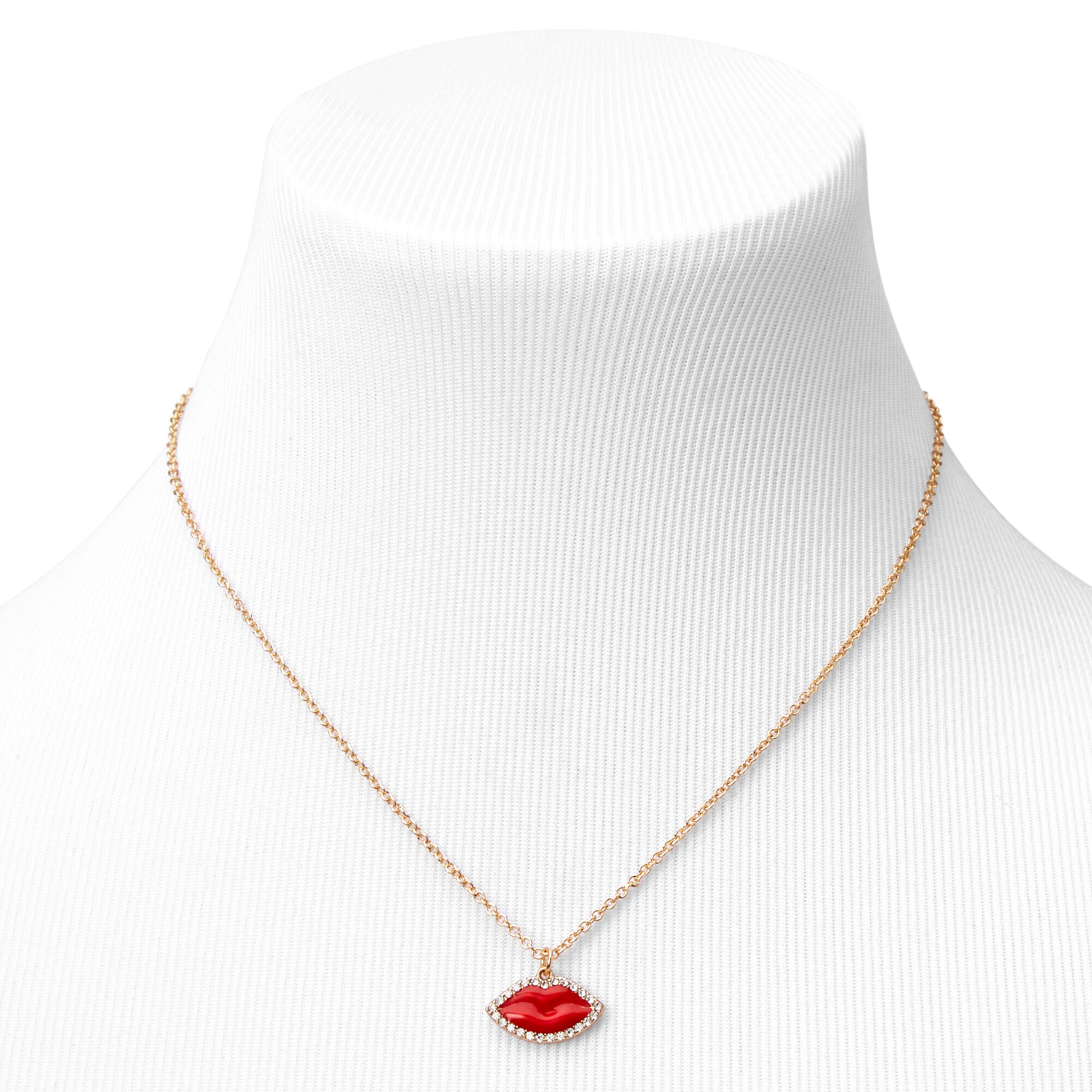 Embellished Red Lips 16" Gold Pendant Necklace,