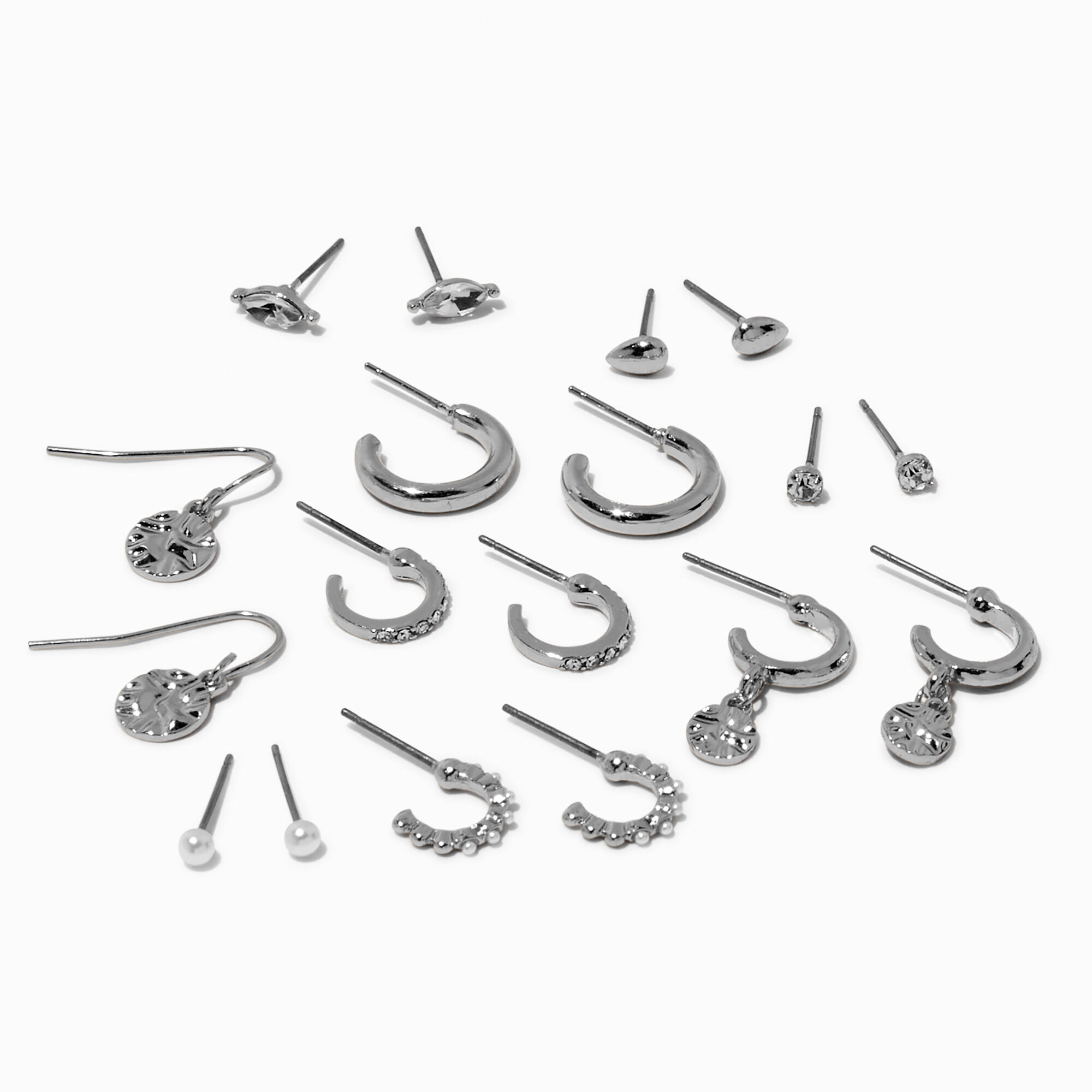View Claires Tone Textured Stackable Earring Set 9 Pack Silver information