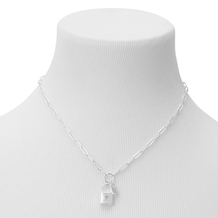 Silver Double Lock Pendant Chain Necklace,