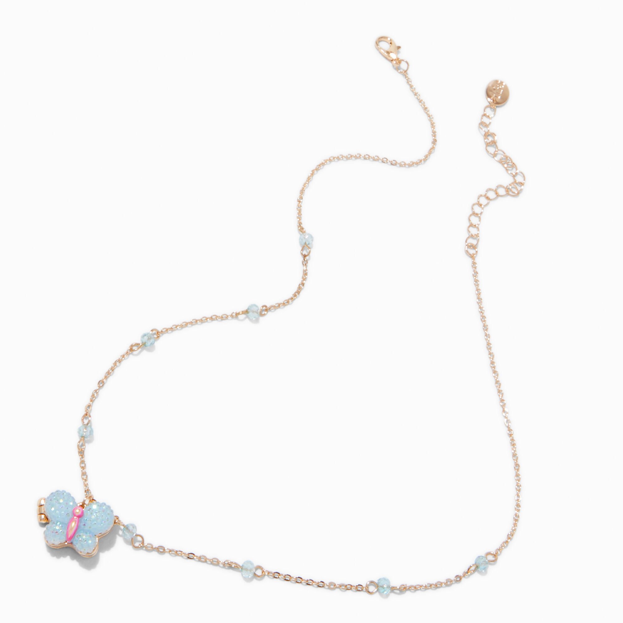 Textured Blue Butterfly Locket Pendant Necklace,