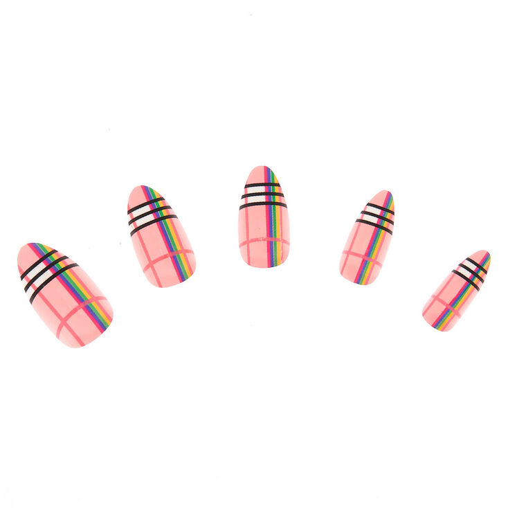 Claire's Lot de 24 faux ongles roses motif écossais arc-en-ciel