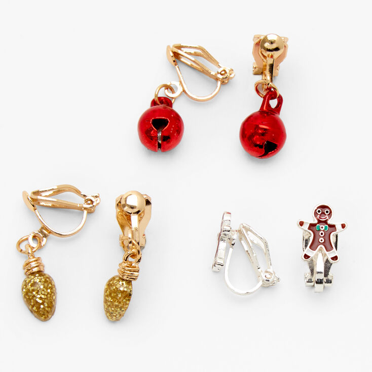 Christmas Silver &amp; Gold Motif Clip On Stud Earrings - 3 Pack,