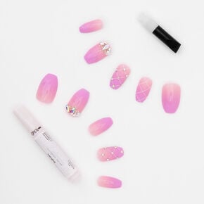 Lavender Ombre Crystal Coffin Faux Nail Set - 24 Pack,