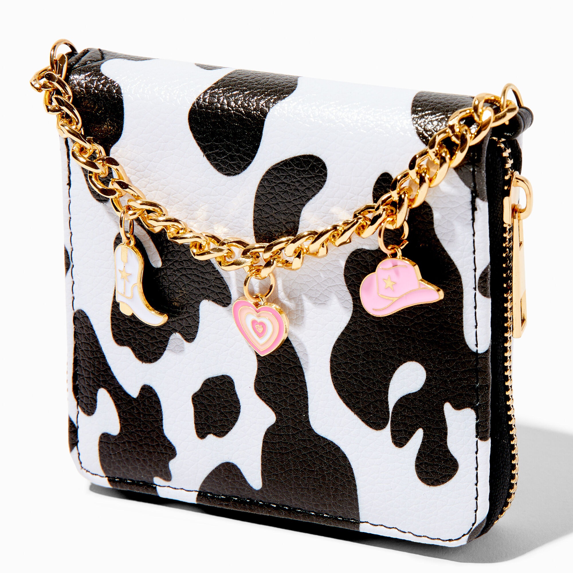 View Claires Cow Print Chain Handle Zip Around Wallet White information