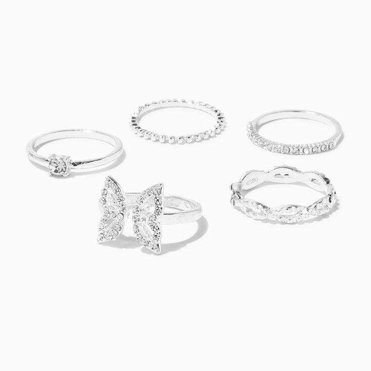 Silver-tone Crystal Butterfly Rings - 5 Pack,