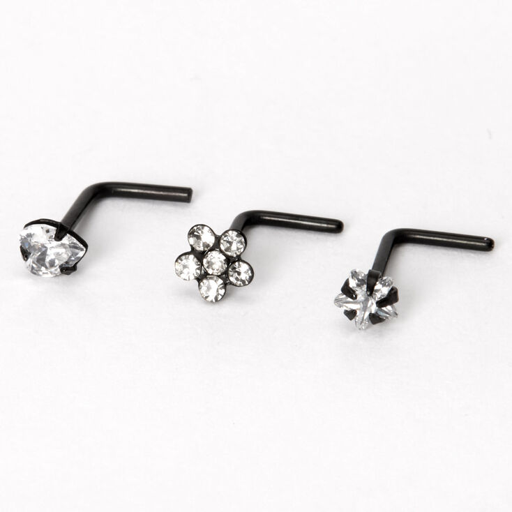 Black 20G Cubic Zirconia Flower Heart Star Nose Rings - 3 Pack,