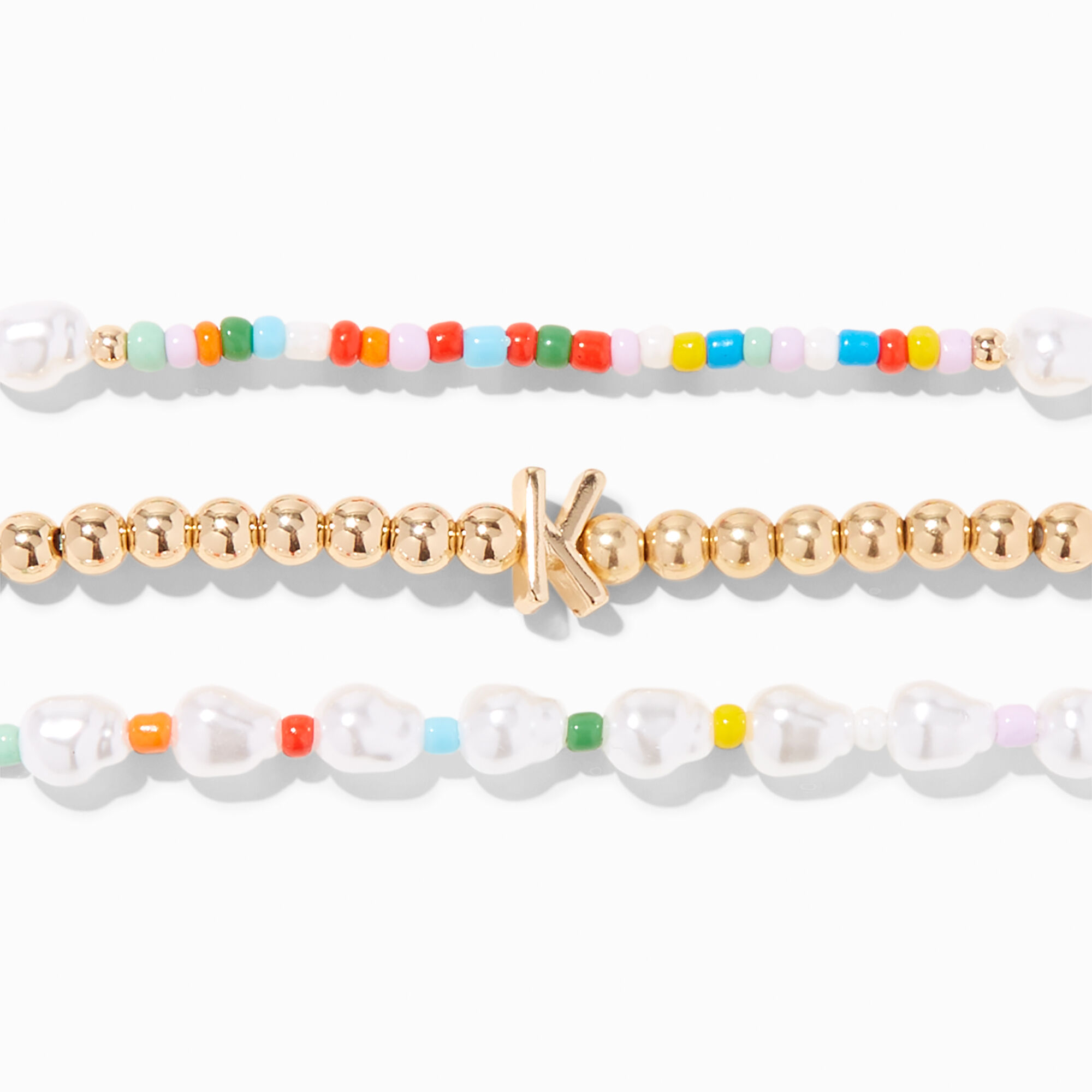 Gold-tone Beaded Initial Stretch Bracelet Set - K,