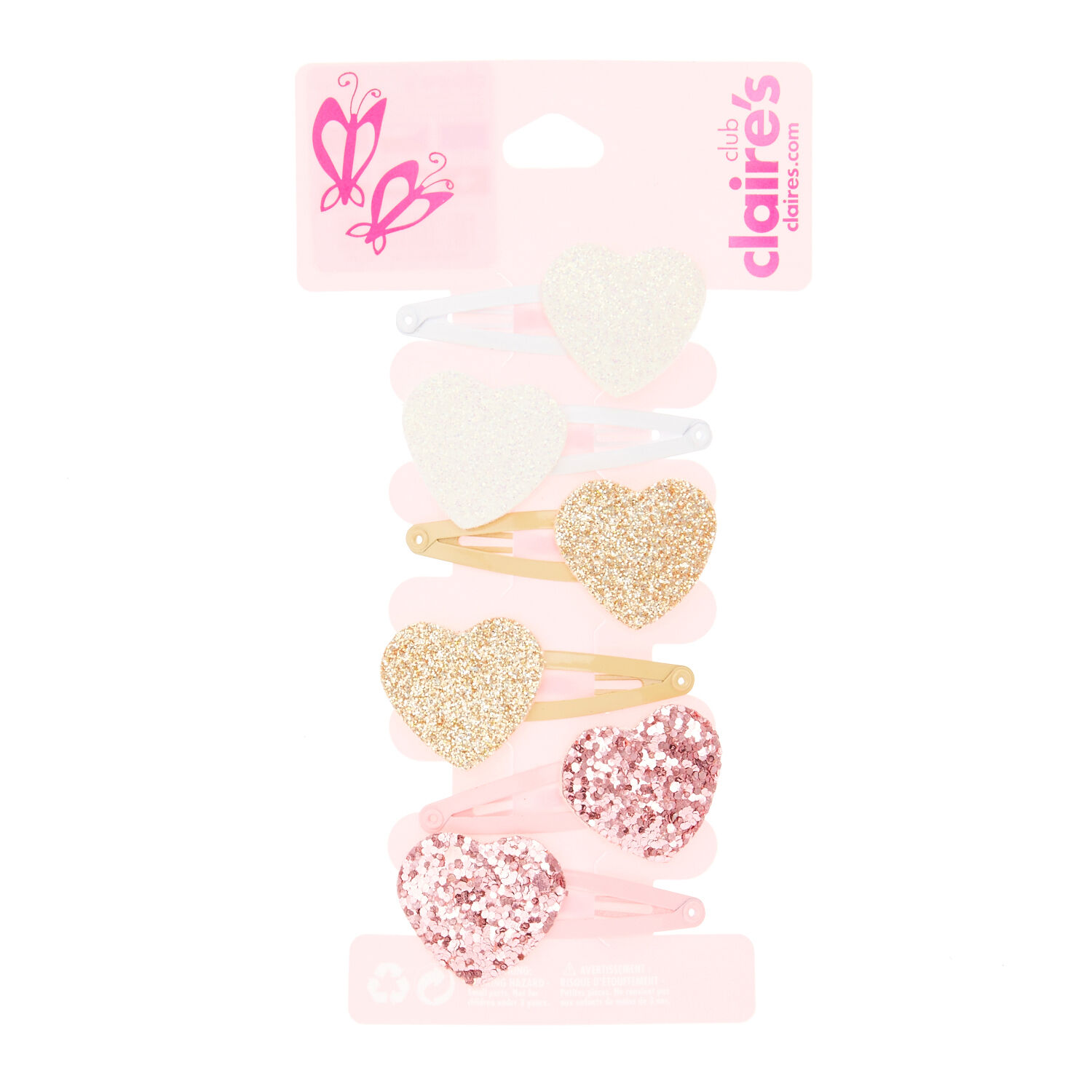 Claire's Club Glitter Heart Snap Hair Clips - 6 Pack,