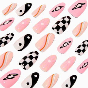 Check, Lightning Bolt &amp; Yin Yang Stiletto Vegan Faux Nail Set - 24 Pack,