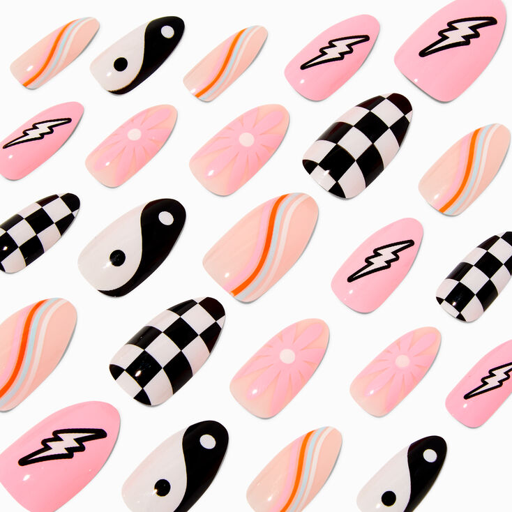 Check, Lightning Bolt &amp; Yin Yang Stiletto Vegan Faux Nail Set - 24 Pack,