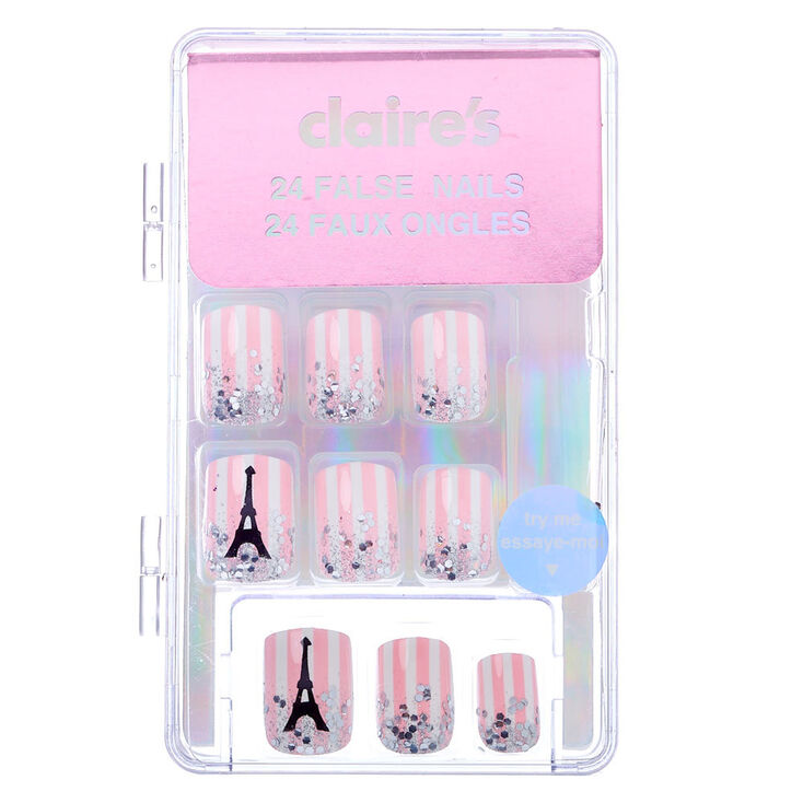 Striped Glitter Eiffel Tower Square Faux Nail Set - Pink, 24 Pack,