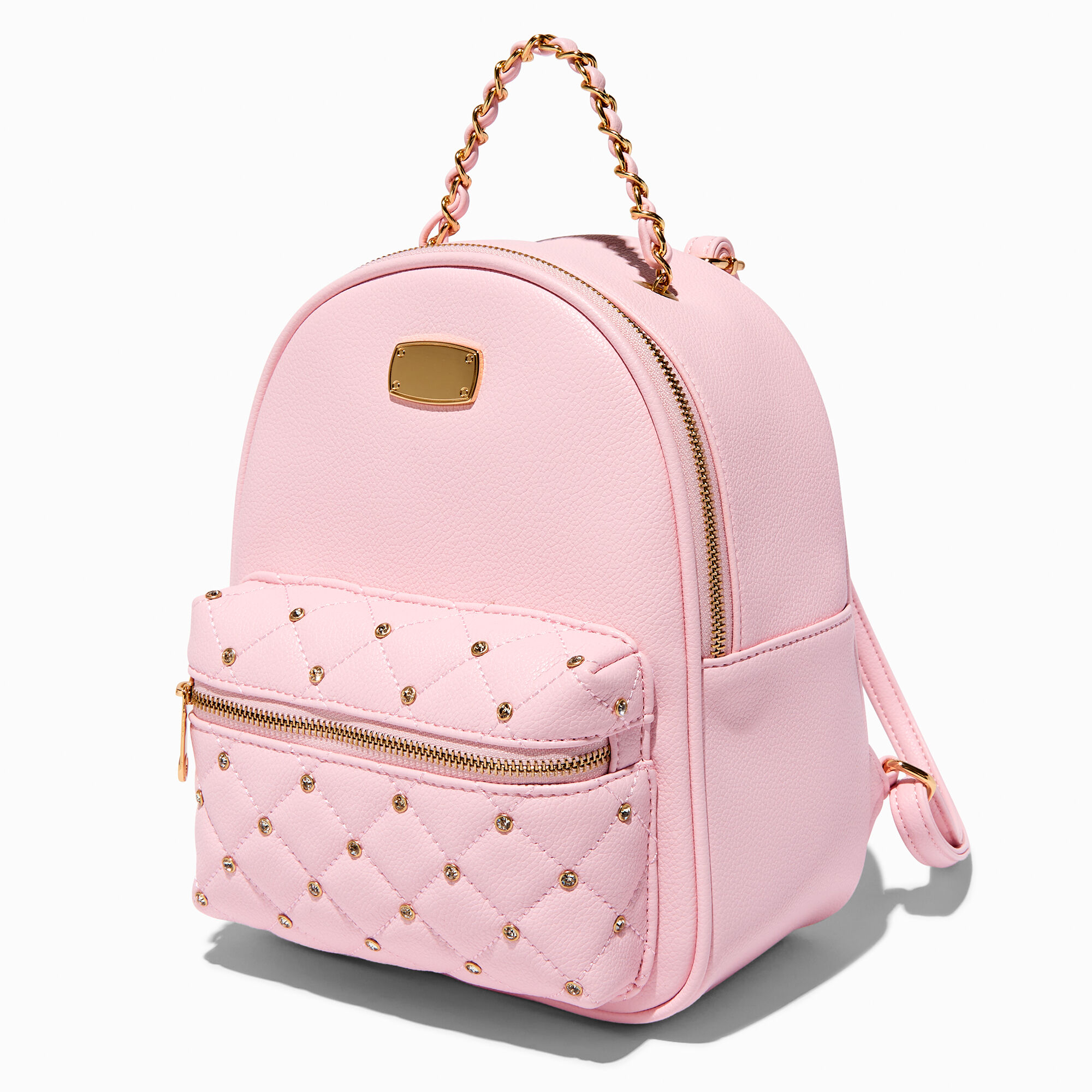 View Claires RhinestoneStudded Blush Quilted Backpack Pink information