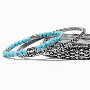 Lot de bracelets perl&eacute;s turquoise et bracelets fins bangle couleur argent&eacute;e - Lot de 4,