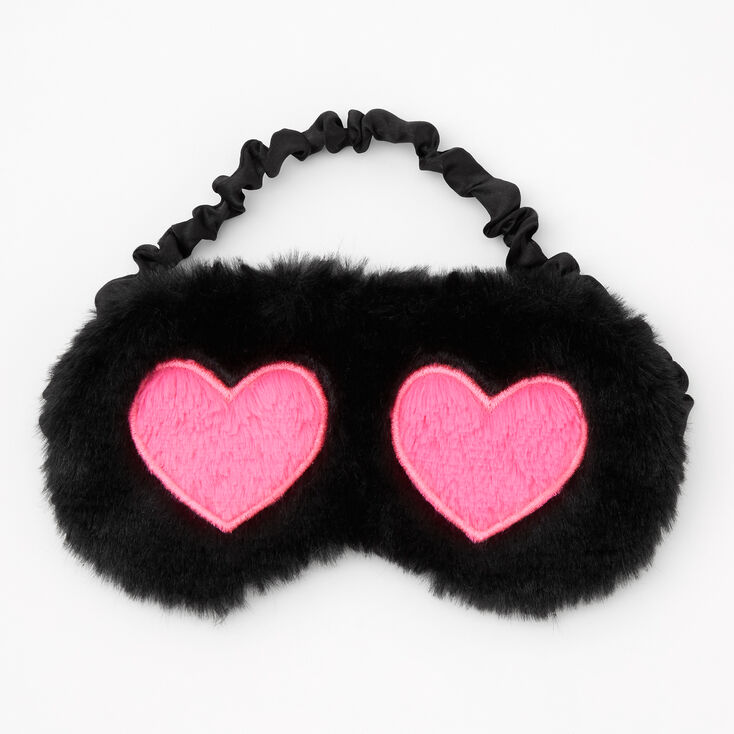 Claire's Masque de sommeil en fausse fourrure cœurs roses - Noir