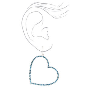 Silver 2&quot; Crystal Open Heart Drop Earrings - Blue,