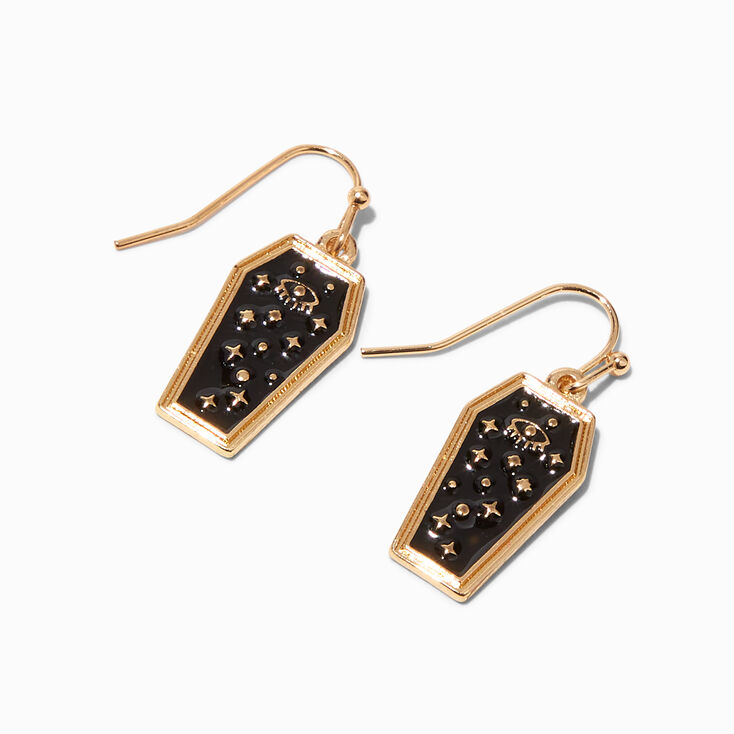 Gold Evil Eye Coffin 1&quot; Drop Earrings,