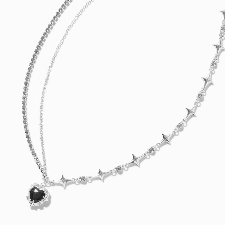 Silver-tone Molten Black Heart Multi-Strand Pendant Necklace,