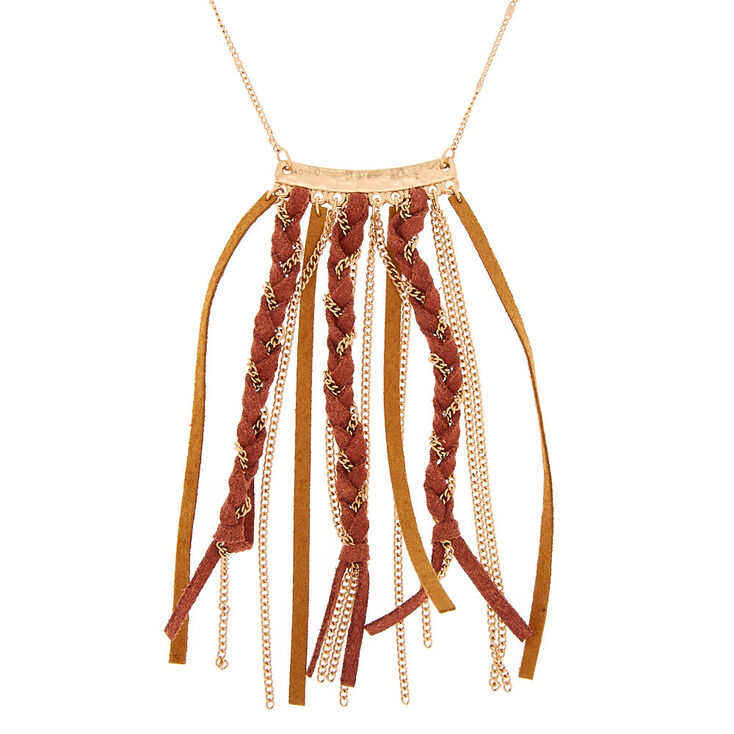Claire's Long collier à pendentif en imitation daim tressé marron couleur doré