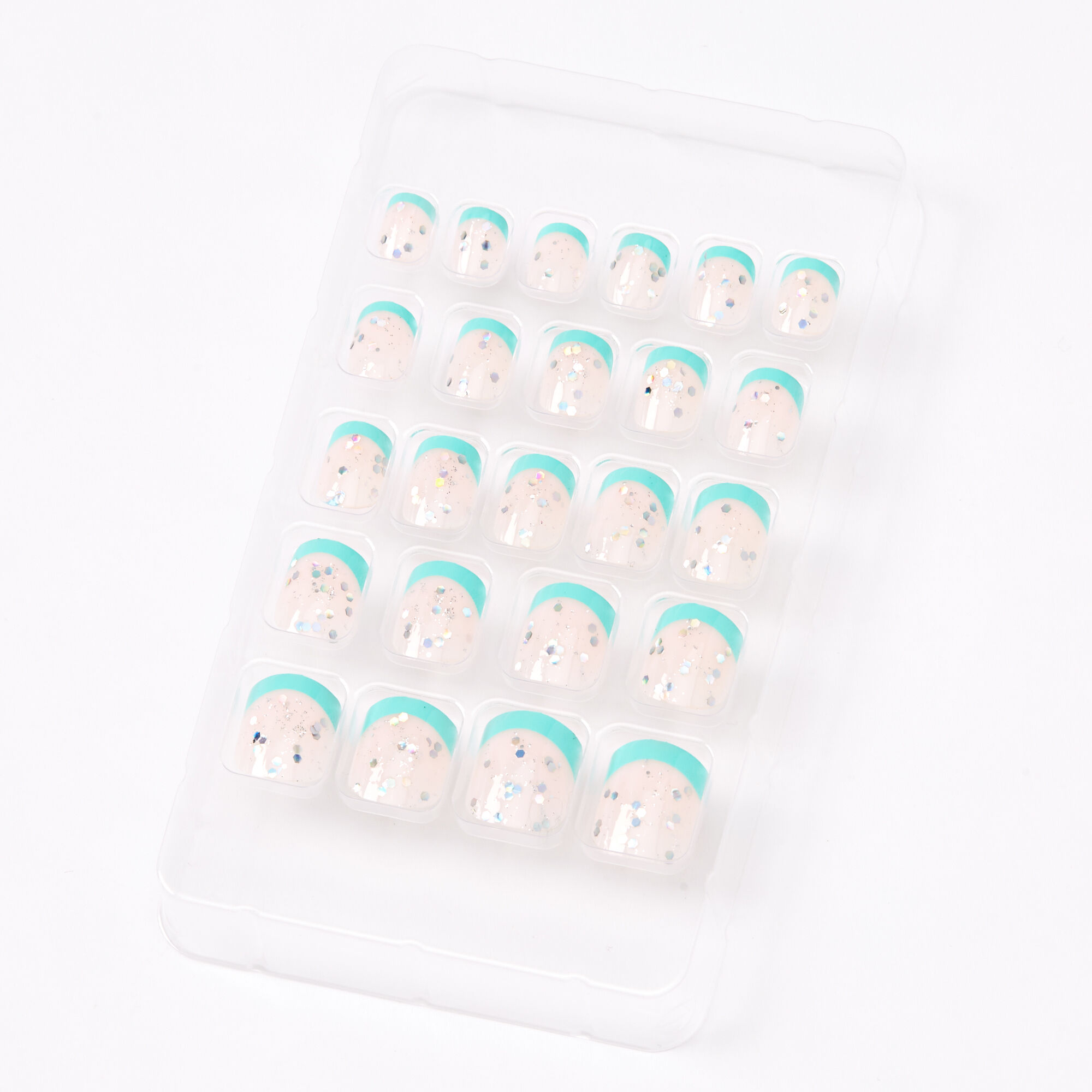 French Tip Square Press On Faux Nail Set - Teal, 24 Pack,