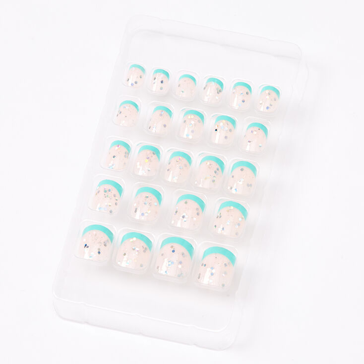 French Tip Square Press On Faux Nail Set - Teal, 24 Pack,