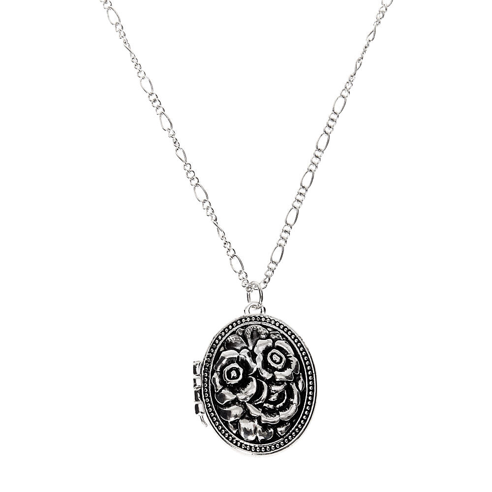 Silver Floral Locket Long Pendant Necklace,