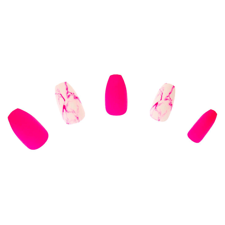 Mixed Neon Matte &amp; Marble Coffin Faux Nail Set - Pink, 24 Pack,