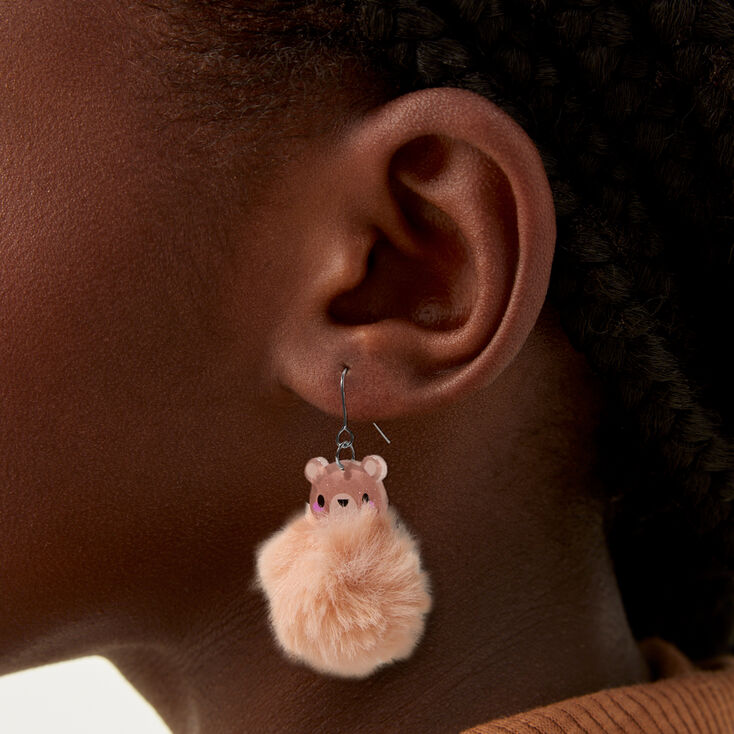 Brown Bear Pom Pom Drop Earrings,