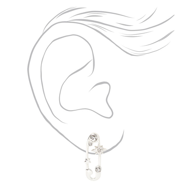 Silver Embellished Starburst Safety Pin Stud Earrings,