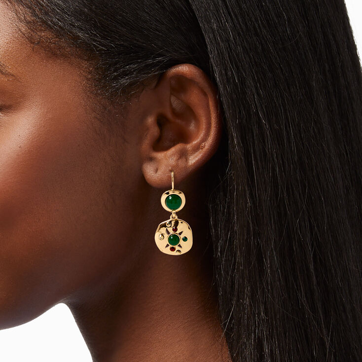 Green Embellished Gold Disc Drop Earrings,