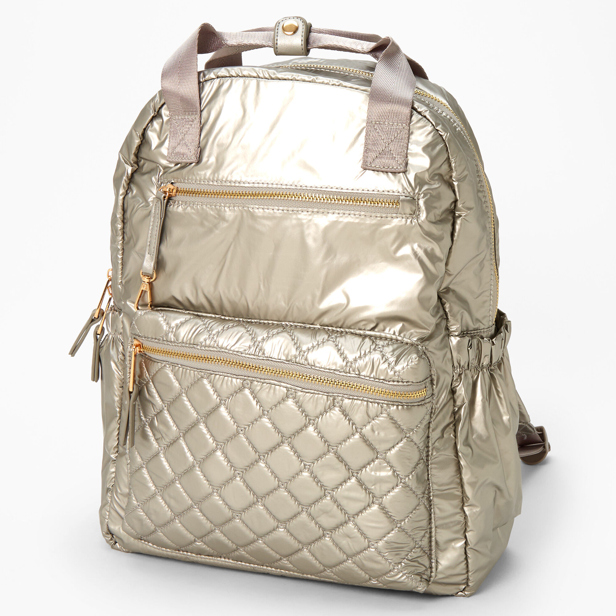 Claire's Sac à dos fonctionnel en nylon métallisé matelassé - Couleur argentée