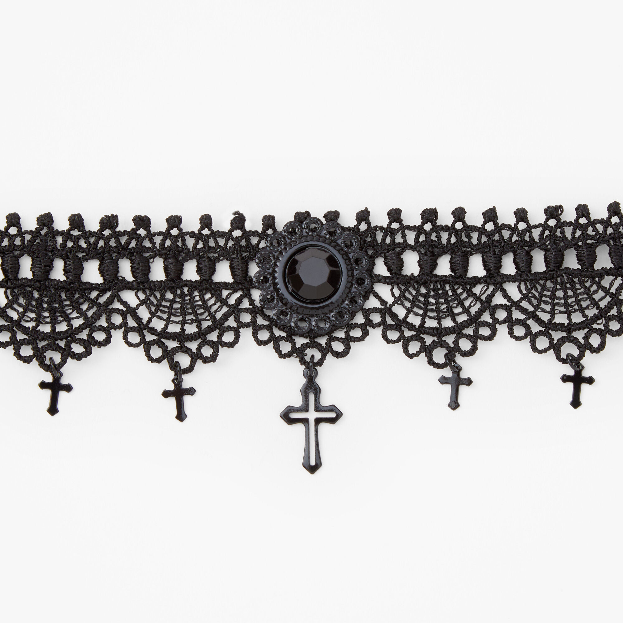 Embellished Cross Black Lace Choker Necklace,