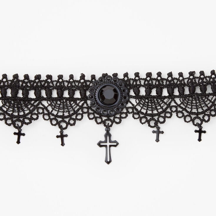 Embellished Cross Black Lace Choker Necklace,