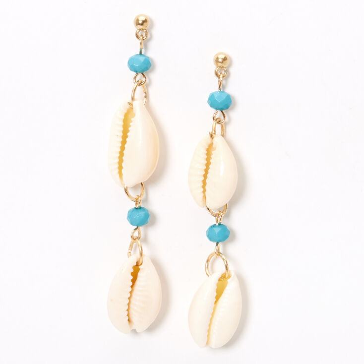 Gold 3&quot; Cowrie Shell Linear Drop Earrings - Turquoise,