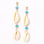 Gold 3&quot; Cowrie Shell Linear Drop Earrings - Turquoise,